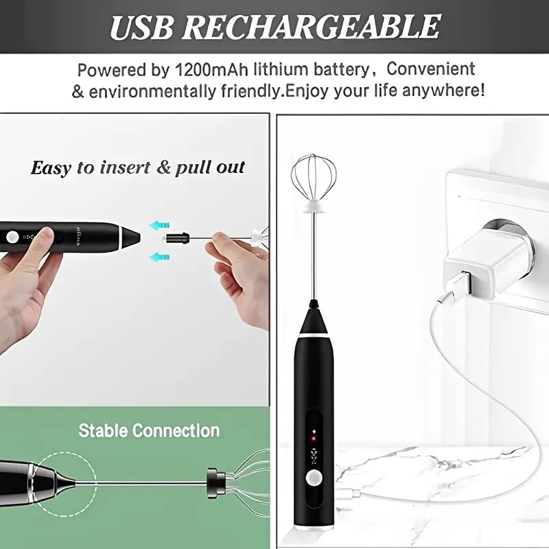 Cordless Milk Frother Set with USB Rechargeable Whisk